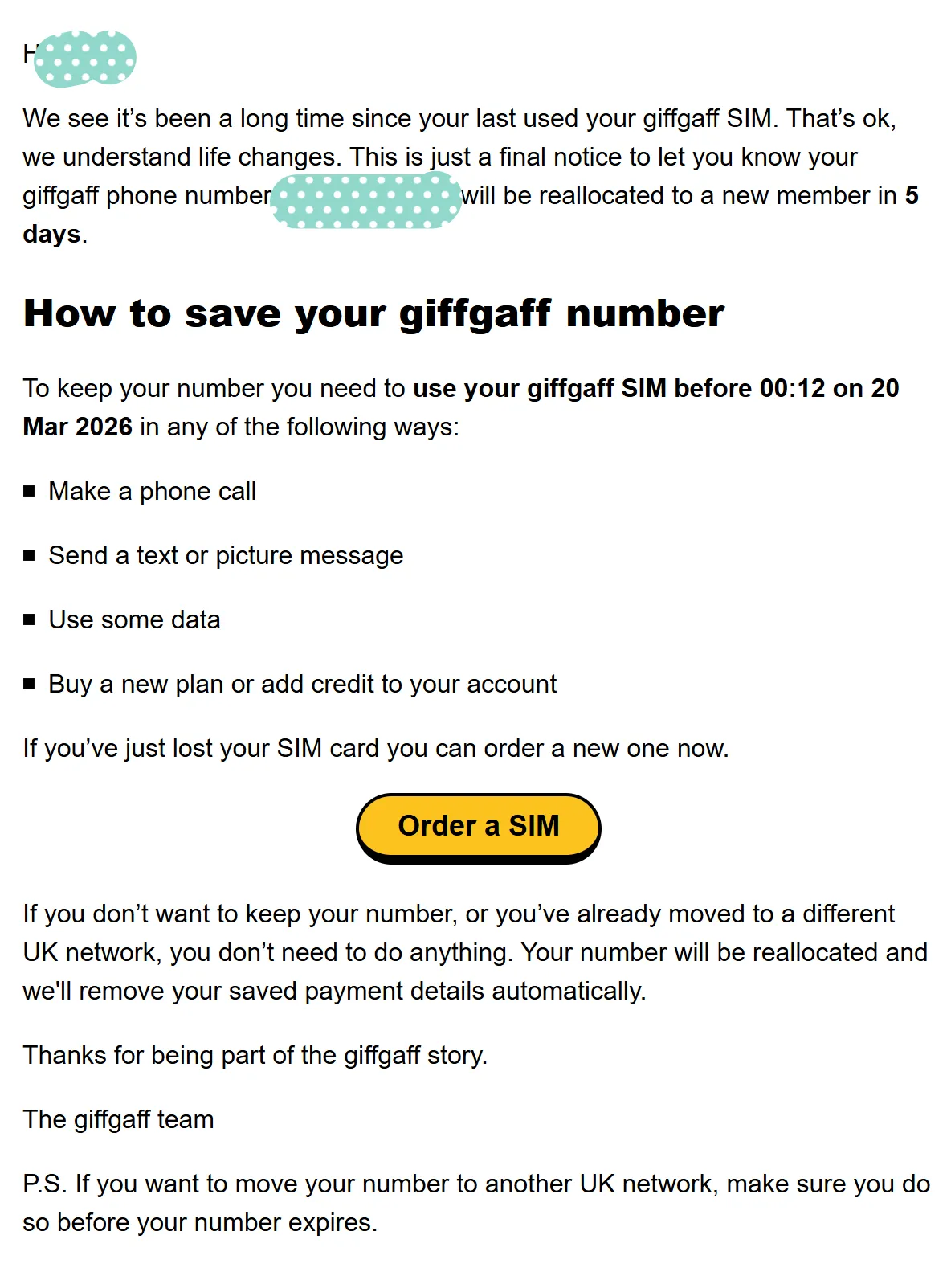 giffgaff号码过期前5天的邮件提醒